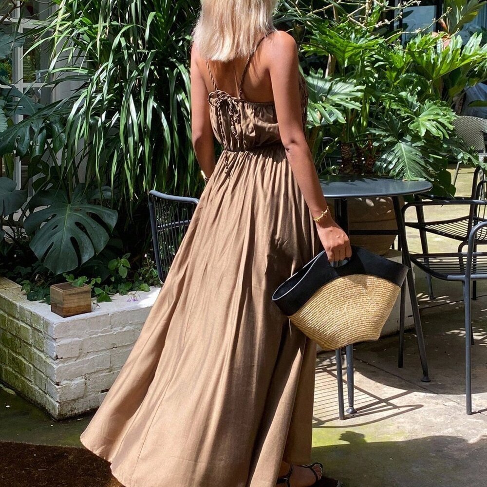 Brown Casual A-Line Women's Cami Maxi Dress with Drawstring Tassel - Picture 2 of 6